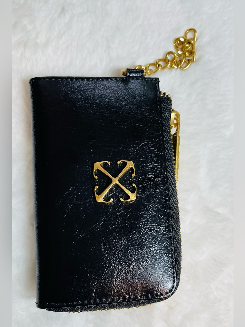 OFF WHITE AUTHENTIC Leather Zip Card Wallet with Gold Accent